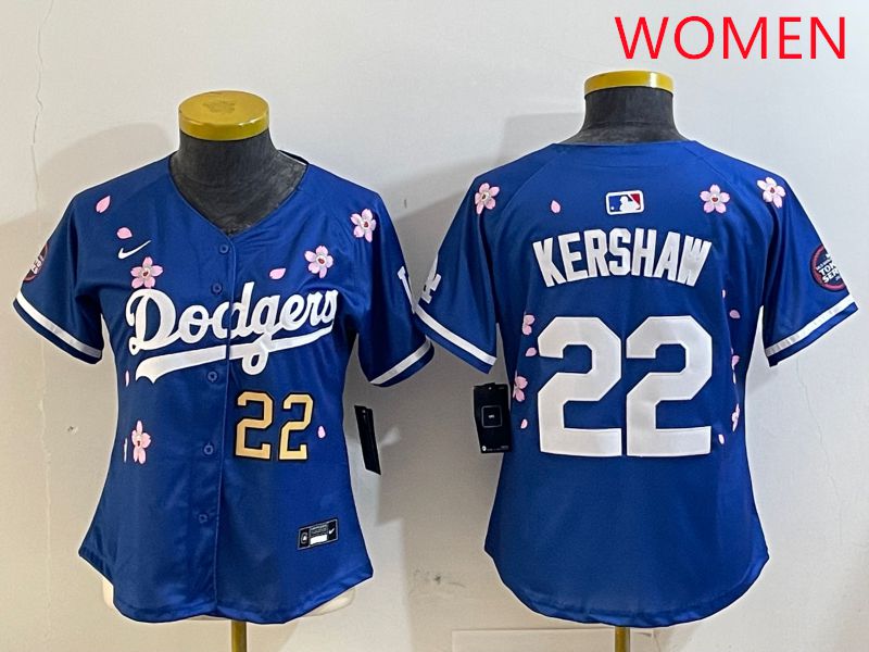 Women Los Angeles Dodgers #22 Kershaw Blue White Blue Sakura Edition 2025 Nike MLB Jersey style 4->women mlb jersey->Women Jersey
